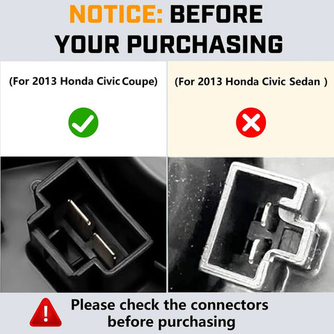 Comparison of HVAC blower motor connectors for 2013 Honda Civic Coupe and Sedan with compatibility notice.