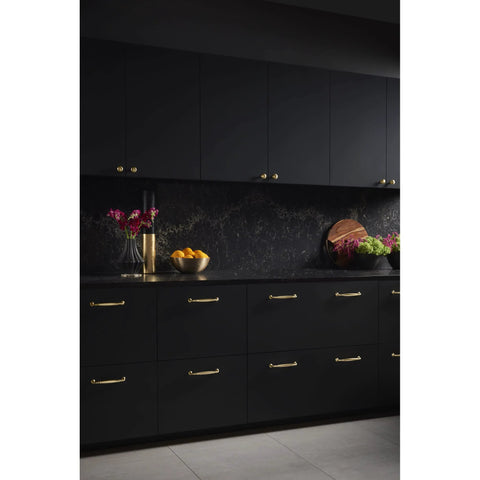 Modern kitchen with Barrow 7-9/16 Inch Center To Center Cabinet Pull TK1054HB Honey Bronze Finish on black cabinets.