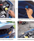 Installation process for quick latch hood pins universal kit on car hood, showing tools and steps for securing hood.