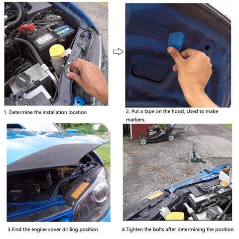 Installation process for quick latch hood pins universal kit on car hood, showing tools and steps for securing hood.