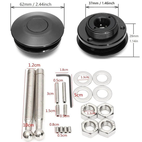 Quick latch hood pins universal kit, 2.44 inch diameter push button quick release hood bonnet pins with CNC machined aluminum parts and hardware.