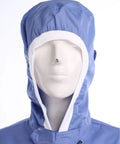 Durable Unisex Lab Coat For Men And Women With Hooded Or Hatless Design In Blue 100 Percent Polyester Lab Jacket, front view on mannequin.