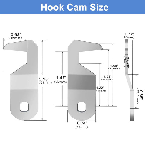 Diagram of hook cam size for keeping tools safe with a keyed-alike toolbox lock pair, fits 1 1/8 inch latching distance.