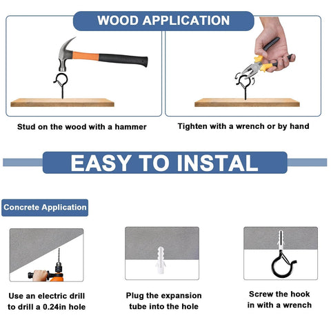 Instructions showing wood and concrete application for installing hooks with tools like a hammer and wrench.