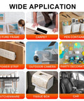 Image showing heavy duty hook and loop strips used for applications like picture frames, carpets, pen containers, power strips, and more.