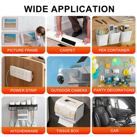 Image showing heavy duty hook and loop strips used for applications like picture frames, carpets, pen containers, power strips, and more.
