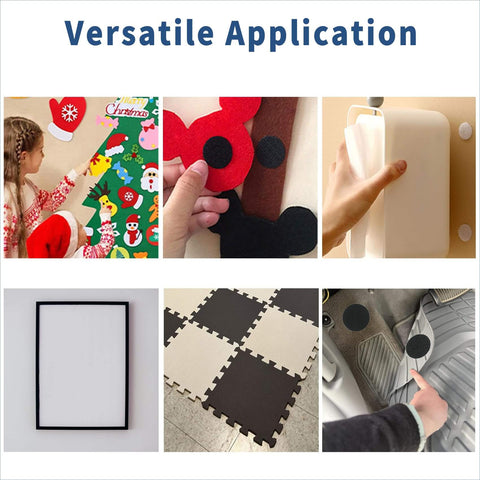 Six images showing versatile uses of 60 Pcs 2 Inch Hook And Loop Fasteners Self Adhesive Round Dots Heavy Duty Bonding on various items.
