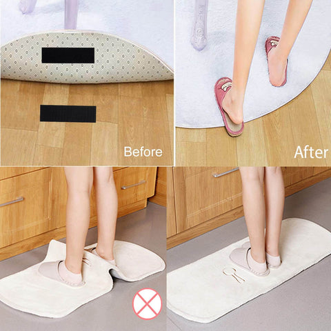 Comparison of Heavy-Duty Hook And Loop Strips With Adhesive Backing used to secure a carpet on a wooden floor, showing before and after installation.