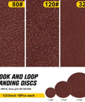 Pneumatic Orbital Sander Kit 1 2 3 Inch With 45 Discs And 3 Backing Pads showing 80, 120, and 320 grit sanding discs.
