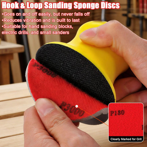 Hand attaching sanding disc to holder, 24 Pack Detail Sanding Sponge Set 3 Inch Pads Grit 180-3000 For Edges And Curves