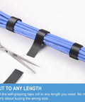 One Inch by Twenty Four Foot Hook and Loop Straps Heavy Duty Self Gripping Strips bundling blue cables with scissors