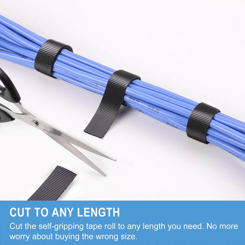 One Inch by Twenty Four Foot Hook and Loop Straps Heavy Duty Self Gripping Strips bundling blue cables with scissors