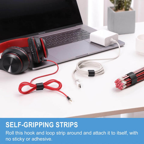 One Inch by Twenty Four Foot Hook and Loop Straps Heavy Duty Self Gripping Strips Reusable Multi Purpose Wrap Roll organizing cables on desk