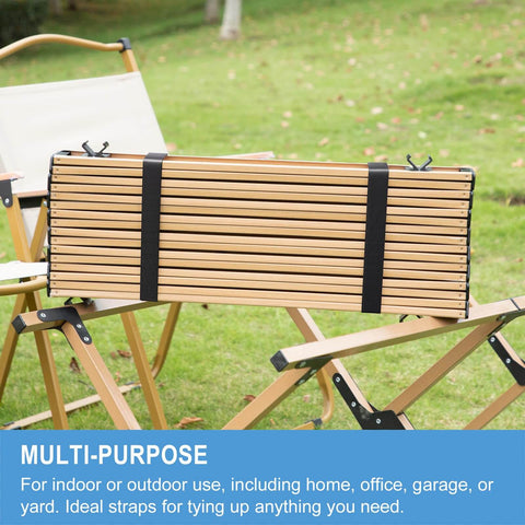One Inch by Twenty Four Foot Hook and Loop Straps Heavy Duty Self Gripping Strips Reusable Multi Purpose Wrap Roll for Home Office Data Center and More Cut to Any Length DIY Friendly Organization Solution securing folded wooden outdoor furniture on grass.