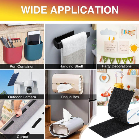 Heavy Duty Black Hook And Loop Strips With Adhesive 2 By 5 Inch 10 Pairs 20 Strips used for organizing home and office items.
