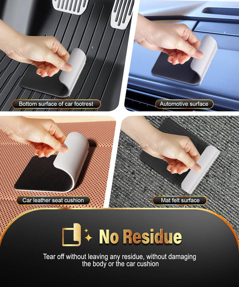 Industrial Strength Hook And Loop Strips With Ultra Sticky Super Adhesive Backing, Heavy Duty Velcro Tape Pack In Three Sizes, used on various surfaces like car footrest, automotive surface, seat cushion, and mat felt surface, showing no residue removal feature.