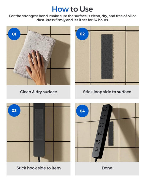 Step-by-step guide using Heavy Duty 1x4 Inch Hook And Loop Strips With Adhesive for mounting items to a wall.
