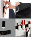 Heavy-Duty Hook And Loop Strips With Adhesive Backing showcased securing picture frames, tools, and phone on various surfaces.