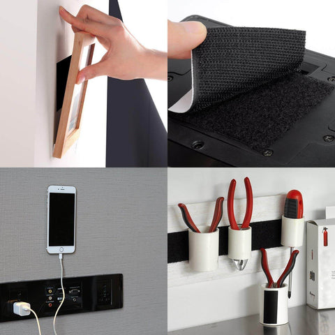 Heavy-Duty Hook And Loop Strips With Adhesive Backing showcased securing picture frames, tools, and phone on various surfaces.