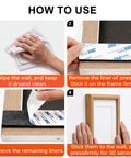 Instructions for using heavy duty hook and loop strips with adhesive for picture hanging, showing cleaning, applying, and mounting steps.