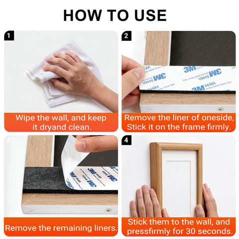 Instructions for using heavy duty hook and loop strips with adhesive for picture hanging, showing cleaning, applying, and mounting steps.