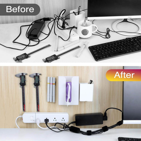 Before and after image using Heavy Duty Black Hook And Loop Strips With Adhesive 2 By 5 Inch for organized desk setup.
