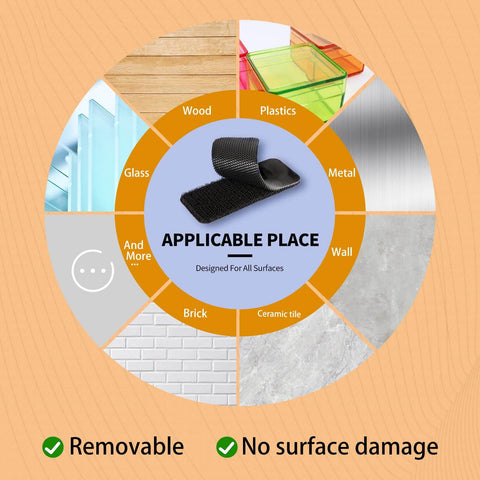 Industrial Heavy Duty Hook And Loop Strips With Adhesive, 30 Sets, Tough Back Adhesive Double Sided Tape For Rough Surfaces, diagram showing applicable surfaces like wood, plastic, metal, and more.