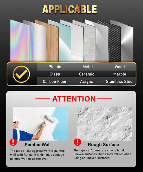 Infographic showing surfaces applicable for Industrial Strength Hook And Loop Strips with Ultra Sticky Super Adhesive Backing.