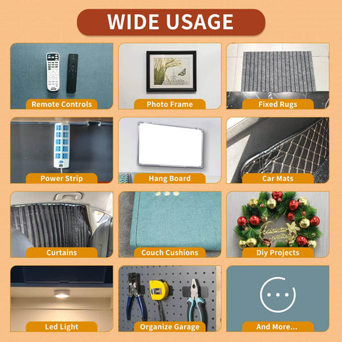 Collage showing various uses for Industrial Heavy Duty Hook And Loop Strips With Adhesive, 30 Sets for indoor and outdoor items.