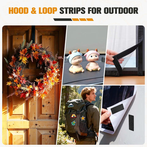 Collage showing uses of heavy duty hook and loop strips 2x4 inches 12 sets black mounting tape with scissors for multi purpose use