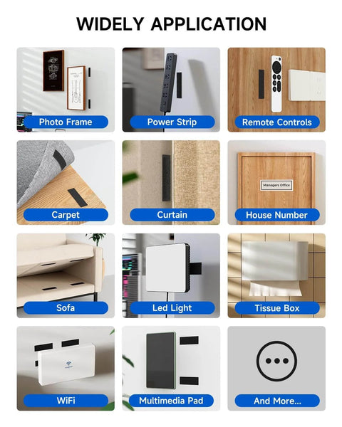Heavy Duty 1x4 Inch Hook And Loop Strips With Adhesive Industrial Grade Double Sided Tape Mounting Strips With Back Adhesive for various applications like photo frames, power strips, and remote controls.