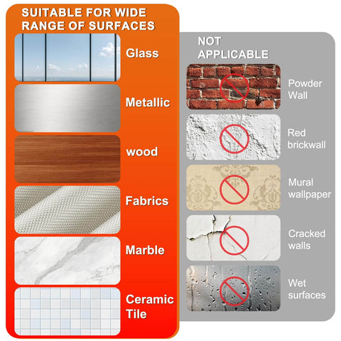Chart showing suitable surfaces for Heavy Duty Hook And Loop Strips and surfaces not applicable, like brick and wet surfaces.