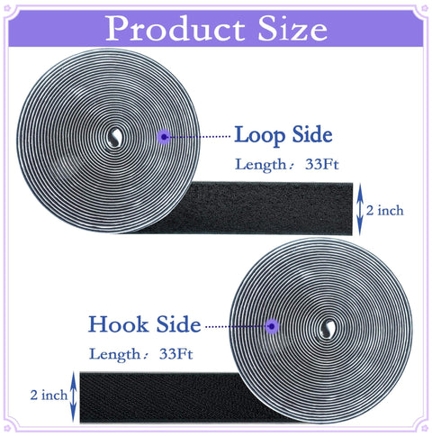 Two Inch Wide Hook And Loop Tape Set With Self Adhesive Backing In Black Nylon shown with 33 feet hook and 33 feet loop.