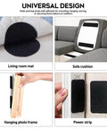 Strong Sticky Back Hook And Loop Tape With Adhesive For No Slip Couch Cushions And Furniture 4.4 Inch By 7 Foot Heavy Duty Double Sided Strip Roll Black used on various surfaces like living room mat, sofa cushion, hanging photo frame, and power strip.