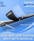 Close-up of heavy duty double sided hook and loop tape adhesive strips 1x4 inches set of 20 with scissors cutting tape