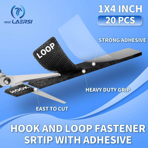 Close-up of heavy duty double sided hook and loop tape adhesive strips 1x4 inches set of 20 with scissors cutting tape