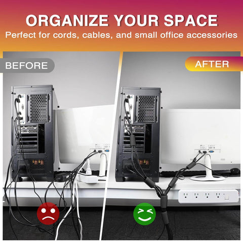 Before and after image showing cable management using 12 Ft By 2 Inch Hook And Loop Tape Roll Heavy Duty Double Sided Adhesive Strips.