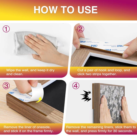 Installation steps for Heavy Duty Double Sided Hook And Loop Tape 12 Ft Cuttable Interlocking Fasteners with adhesive strips.