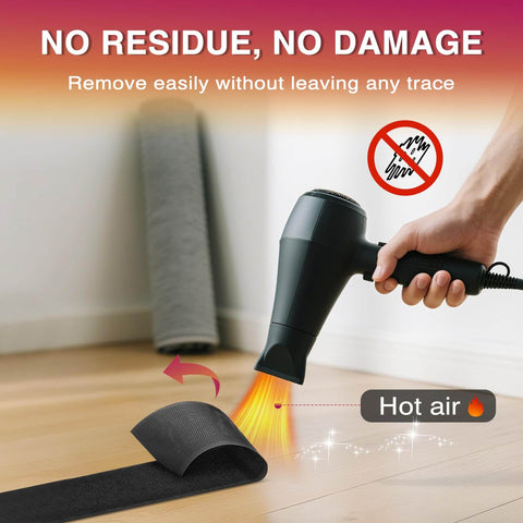 Using a hairdryer to apply 12 Ft By 2 Inch Hook And Loop Tape Roll Heavy Duty Double Sided Adhesive Strips on floor
