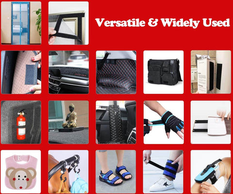 Multiple uses of hook and loop tape, from mounting frames to securing bags, on a red background with text "Versatile & Widely Used"