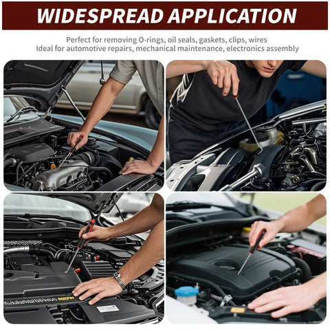 Four images showing Hook And Pick Set 10 Piece Precision Tool Kit With Non Slip Grips used for automotive O-ring removal