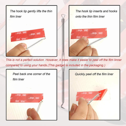 Guide showing steps to peel off liner from 3M clear double-sided tape with hook tool.