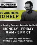 Hopkins Towing Solutions customer support information with Monday to Friday hours and contact instructions, featuring support agent image.