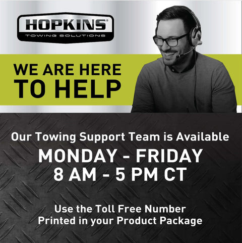Hopkins Towing Solutions customer support information with Monday to Friday hours and contact instructions, featuring support agent image.