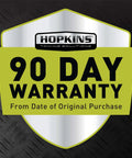 Hopkins Towing Solutions 90 Day Warranty shield displayed on black diamond plate background