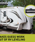 RV parked with Never Fade Two Way Graduated Level For Trailers And Vehicles Hopkins Towing Solutions Black UV Resistant Markings Show Exact Inch Adjustments installed on the side.