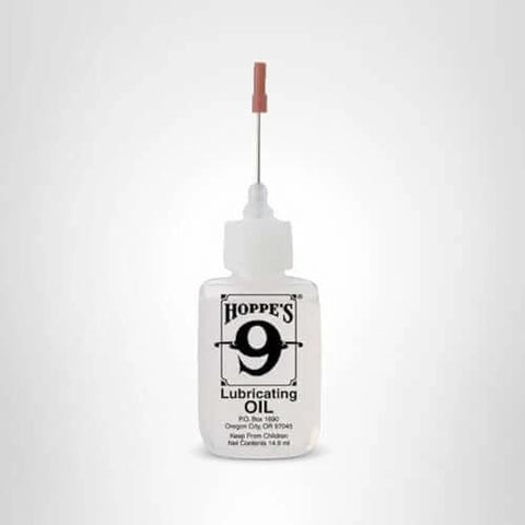 Front view of Hoppe's No. 9 Lubricating Oil, 14.9 ml Precision Bottle with fine applicator visible.