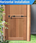 18 Inch Cane Bolt Drop Rod installed horizontally on wood gate, heavy duty gate latch for wood, metal, and vinyl fences, black coating