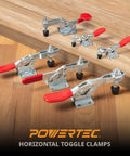 Set of 4 Pack Quick Release Toggle Clamps 500 Lb Capacity Horizontal With Antislip Rubber Tips displayed on a wooden surface