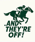 Silhouette of a jockey riding a racing horse with text saying 'And They're Off!'